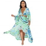 Green Long Sleeve Deep V-Neck Printed Women Fashion Jersey Dress