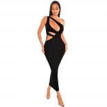 Black Sleeveless Bandage Hollow-out Sexy Women Midi Dress