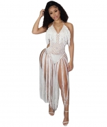 Sleeveless Halter V-Neck Tassels Net Women Party Dress 