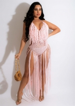 Sleeveless Halter V-Neck Tassels Net Women Party Dress 