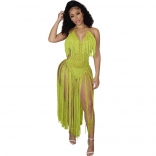 Sleeveless Halter V-Neck Tassels Net Women Party Dress 