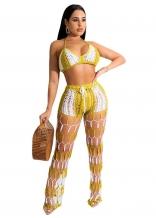 Yellow Sleeveless Halter V-Neck Nets Hollow-out Women Jumpsuit