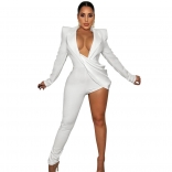 White Long Sleeve Deep V-Neck Fashion One-Leggings Sexy Jumpsuit