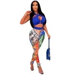 Blue Sleeveless Halter V-Neck Printed Women Sexy Jumpsuit