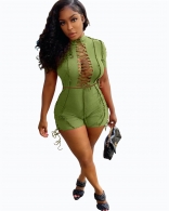 Green Short Sleeve Bandage Deep V-Neck Women Sexy Pant Sets