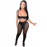 Black Low-Cut Mesh Halter Women V-Neck Sexy Jumpsuit