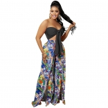 Black Off-Shoulder V-Neck Printed Fashion Sexy Slit Jumpsuit