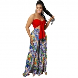 Red Off-Shoulder V-Neck Printed Fashion Sexy Slit Jumpsuit