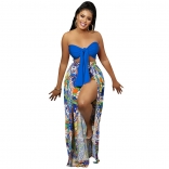 Blue Off-Shoulder V-Neck Printed Fashion Sexy Slit Jumpsuit