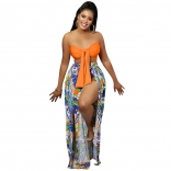 Orange Off-Shoulder V-Neck Printed Fashion Sexy Slit Jumpsuit