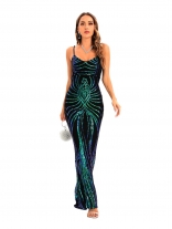 Green Sequin Halter Sleeveless Women Fashion Long Dress