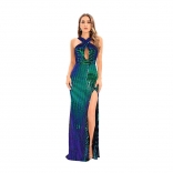 Green Halter Deep V-Neck Sleeveless Seuqin Women Slit Maxi Dress