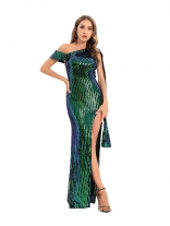 Green Shoulder Strap Sleeveless Sequins Bodycon Women Long Dress