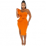 Orange Foral Off-Shoulder Low-Cut Fashion Women Working OL Dress