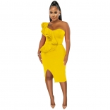 Yellow Foral Off-Shoulder Low-Cut Fashion Women Working OL Dress