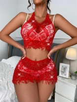 Red Sexy Halter Lace Diamond Valentine Lingerie