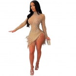 Beige O-Neck Mesh Long Sleeve Rhinestone Bodycon Mini Dress