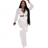 White Mesh Long Sleeve Rhinestone 2PCS Club Fashion Bodycon Women Jumpsuit Dress