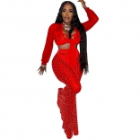 Red Mesh Long Sleeve Rhinestone 2PCS Club Fashion Bodycon Women Jumpsuit Dress