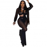 Black Mesh Long Sleeve Rhinestone 2PCS Club Fashion Bodycon Women Jumpsuit Dress