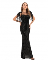 Black Tassels Mesh V-Neck Sequin Women Fashion Long Dress