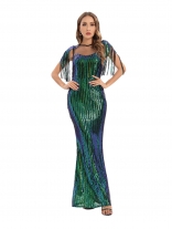 Green Tassels Mesh V-Neck Sequin Women Fashion Long Dress