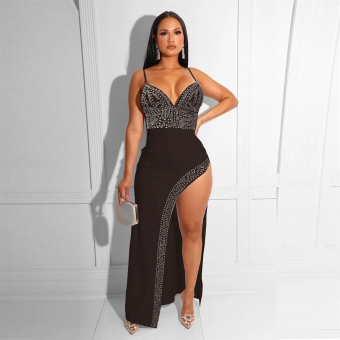 Black Halter Rhinestone V-Neck Bodycon Women Fashion Maxi Dress