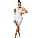 White Deep V-Neck Low-Cut Feather Bodycon Fashion Midi Dress