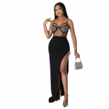 Black Elegant Halter Mesh Rhinestone Bodycon Sexy Evening Long Dress