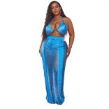 Blue Sleeveless Halter V-Neck Hollow-out Knitting Club Maxi Dress