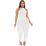 White Sleeveless Tassels Bodycon Halter Romper Sexy Jumpsuit