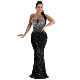 Black Halter Rhinestone Low-Cut Bodycon Fashion Elegant Women Long Dress