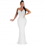 White Halter Rhinestone Low-Cut Bodycon Fashion Elegant Women Long Dress