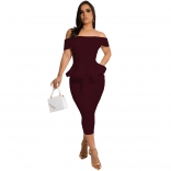 WineRed Off-Shoulder Boat-Neck Foral Fashion Women OL Dress