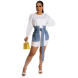 White Long Sleeve O-Neck Jeans Fashion Women Clubwear