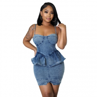 Blue Halter Low-Cut Jean Bodycon Foral Mini Dress