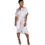 Short SLeeve Button V-Neck Pearls Women Fashion T-Skirt