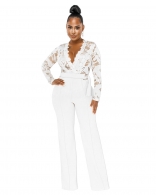 White Lace Long Sleeve V-Neck Sexy Women Fashion Jumpsuit