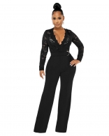 Black Lace Long Sleeve V-Neck Sexy Women Fashion Jumpsuit