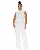 White Sleeveless O-Neck Button Women Bodycon Fashion Club Jumpsuit