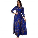 Blue Long Sleeve Printed Button V-Neck Fashion Women Maxi Dress