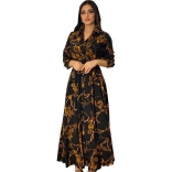 Black Long Sleeve Printed Button V-Neck Fashion Women Maxi Dress