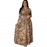 Grey Long Sleeve Printed Button V-Neck Fashion Women Maxi Dress