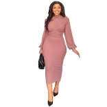 Pink Slit Long Sleeve Fashion Sexy Women Bodycon Midi Dress