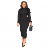 Black Slit Long Sleeve Fashion Sexy Women Bodycon Midi Dress