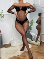 Black Long Sleeve Lace Diamond Sexy Jumpsuit Lingerie