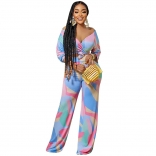 Blue Long Sleeve Multi Low-Cut Printed Women Jumpsuit