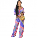 Purple Long Sleeve Multi Low-Cut Printed Women Jumpsuit