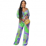 Green Long Sleeve Multi Low-Cut Printed Women Jumpsuit