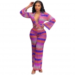 Purple Long Sleeve Deep V-Neck Striped Printed Fashion Jumpsuit Dress